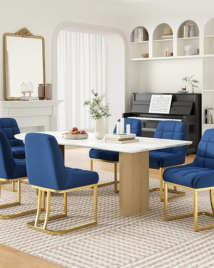 STARY Upholstered Velvet Armless Dining Room Chairs with Gold Metal Legs for Kitchen Restaurant, Blue- Set of 4 - LeafyLoom