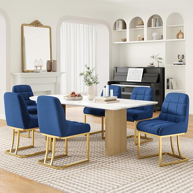 STARY Upholstered Velvet Armless Dining Room Chairs with Gold Metal Legs for Kitchen Restaurant, Blue- Set of 4 - LeafyLoom
