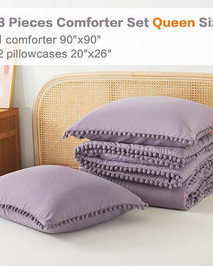 Litanika Queen Size Comforter Set Grey Purple,3 Pieces Grey Purple Boho Pom Pom Lightweight Bed Comforter, All Season Solid Color Bedding Comforter Sets (1 Comforter 90x90 Inch, 2 Pillowcases) - LeafyLoom