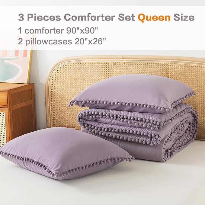 Litanika Queen Size Comforter Set Grey Purple,3 Pieces Grey Purple Boho Pom Pom Lightweight Bed Comforter, All Season Solid Color Bedding Comforter Sets (1 Comforter 90x90 Inch, 2 Pillowcases) - LeafyLoom