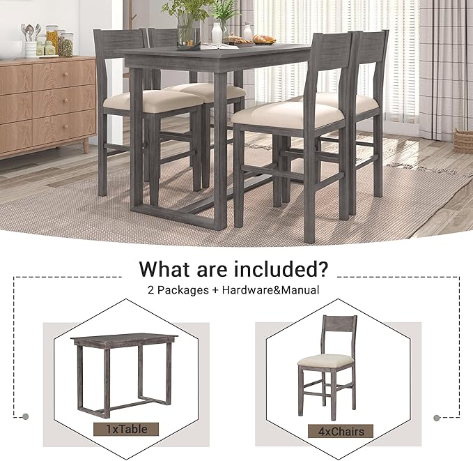 Farmhouse Style Counter Height Minimalism 1 Rectangular Chairs, Easy Clean & Assembly, Room, Kitchen, Small Place, 5 Piece Dining Table Set, Gray 4 - LeafyLoom