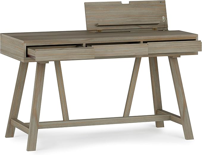 SIMPLIHOME Bowman SOLID WOOD Modern Industrial 54 Inch Wide Flip Up Desk in Distressed Grey, For the Office Desk, Writing Table, Workstation and Study Table - LeafyLoom