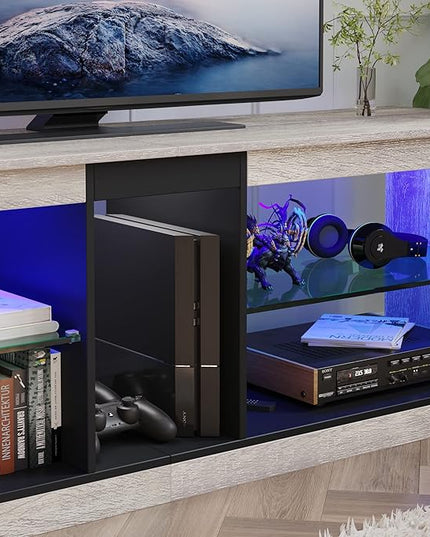 Bestier RGB TV Stand for 65+ Gaming Entertainment Center Gaming LED TV Media Console Table with 2 Glass Shelf PS Gaming TV Cabinet for Living Room,Retro Gray - LeafyLoom