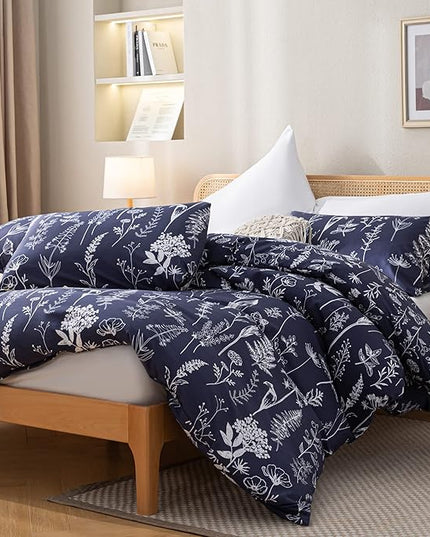 JANZAA Queen Comforter Set Bedding Comforter Sets Navy Blue Floral Comforter Set with 2 Pillow Cases Microfiber Soft for All Seasons - LeafyLoom