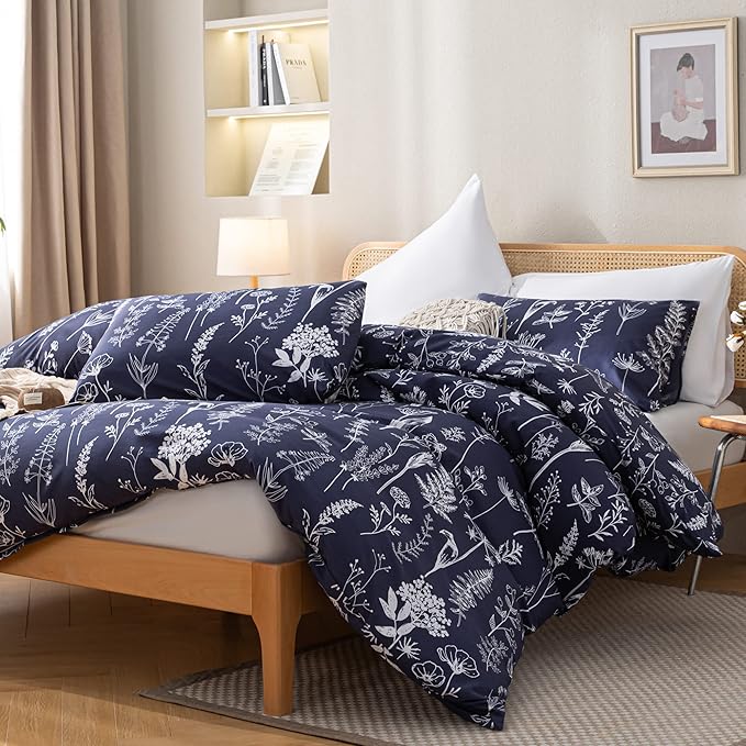 JANZAA Queen Comforter Set Bedding Comforter Sets Navy Blue Floral Comforter Set with 2 Pillow Cases Microfiber Soft for All Seasons - LeafyLoom
