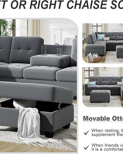 112" Modern L-Shape Sectional Sofa with Reversible Chaise &Storage Ottoman, Velvet Upholstered Couch w/Cup Holder, for Living Room, Apartment, 104 Inch, Dark Gray - LeafyLoom