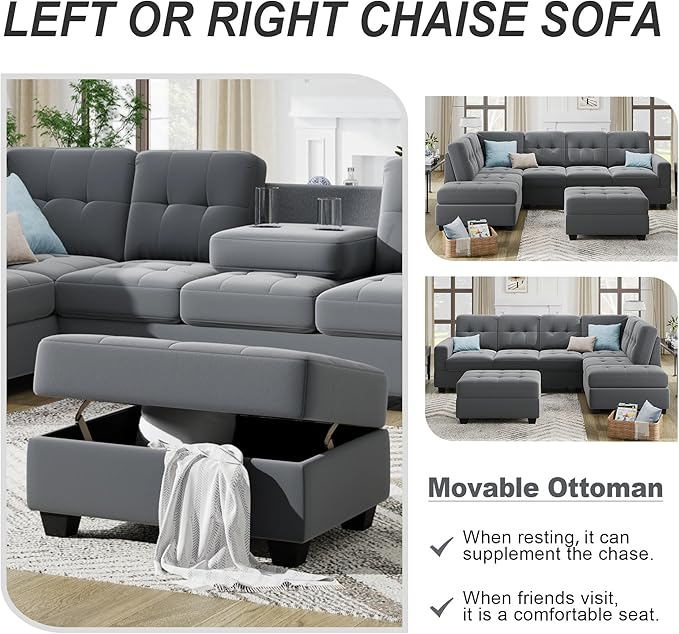 112" Modern L-Shape Sectional Sofa with Reversible Chaise &Storage Ottoman, Velvet Upholstered Couch w/Cup Holder, for Living Room, Apartment, 104 Inch, Dark Gray - LeafyLoom
