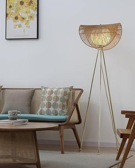 Sovev 62.87 in. Brass Bohemian Floor Lamp for Living Room with Opal Glass Rattan Shade - LeafyLoom