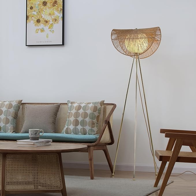 Sovev 62.87 in. Brass Bohemian Floor Lamp for Living Room with Opal Glass Rattan Shade - LeafyLoom