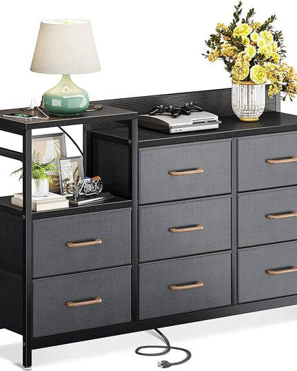 ODK Dresser with Charging Station, 52-Inch Long Dresser TV Stand for Bedroom, Large Dresser with 8 Storage Drawers, Chest of Drawers Easy-Pull Fabric Dressers for Living Room, Black and Dark Grey - LeafyLoom