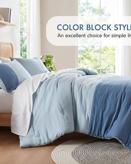 Blue Comforter King Size - Modern Farmhouse Soft Comforter Sets for Men, Masculine Colorblock Pattern Bed Sets for All Season, 3 Pieces includes 1 Comforter, 2 Shams (104"x 90") - LeafyLoom