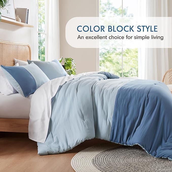 Blue Twin Comforter Set - Modern Soft Farmhouse Bedding for Teen Boys, Kids Colorblock Pattern Bed Sets for All Season, 2 Pieces includes 1 Comforter, 1 Sham (66"x 90") - LeafyLoom