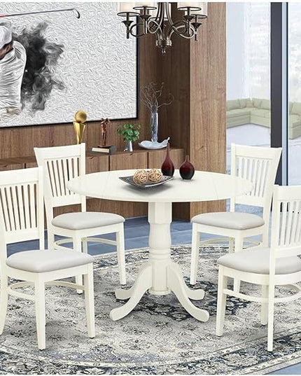 East West Furniture Dublin 5 Piece Set for 4 includes a Round Table with Dropleaf and 4 Linen Fabric Kitchen Dining Chairs, 42x42 Inch, DLVA5-LWH-C - LeafyLoom