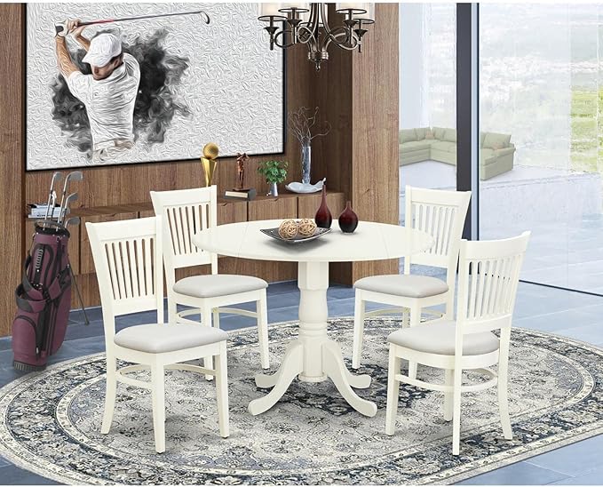 East West Furniture Dublin 5 Piece Set for 4 includes a Round Table with Dropleaf and 4 Linen Fabric Kitchen Dining Chairs, 42x42 Inch, DLVA5-LWH-C - LeafyLoom