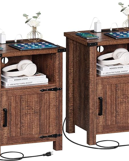 Night Stand Set of 2, 18 Inch Farmhouse Nightstand with with Charging Station and USB Port, Rustic Wood Bedside Table with Magnetic Door, Bed Side Tables for Bedroom, Reclaimed Barnwood - LeafyLoom