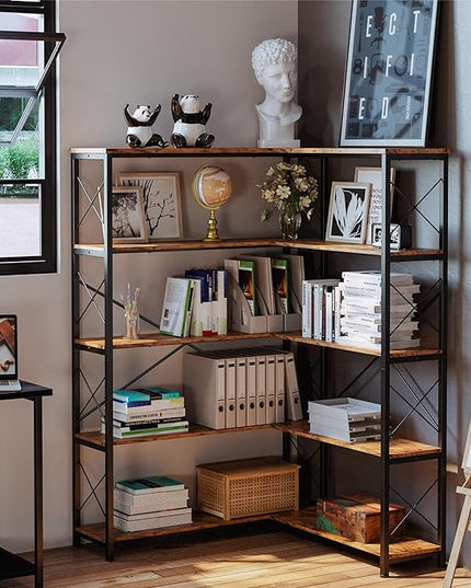 IRONCK 5-Shelf Corner Bookcase, Vintage Industrial Corner Bookshelf Etagere Bookcase, 5 Tier Corner Shelf Storage Rack with Metal Frame for Living Room Home Office - LeafyLoom