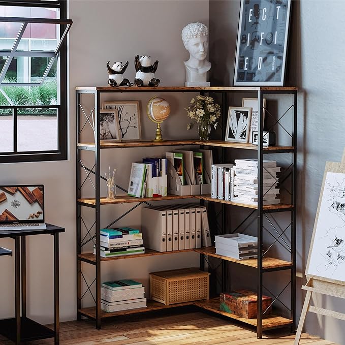 IRONCK 5-Shelf Corner Bookcase, Vintage Industrial Corner Bookshelf Etagere Bookcase, 5 Tier Corner Shelf Storage Rack with Metal Frame for Living Room Home Office - LeafyLoom