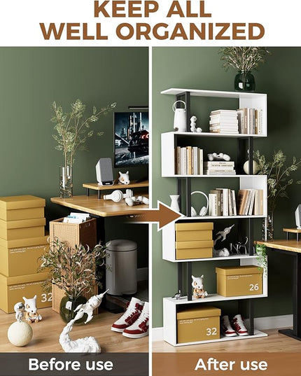 Gadroad 6 Tier Geometric Bookcase,S Shaped Bookshelf, Wood Decorative Storage Shelving, Modern Freestanding Display Shelves, Tall Book Shelf Unit for Living Room Bedroom, White - LeafyLoom