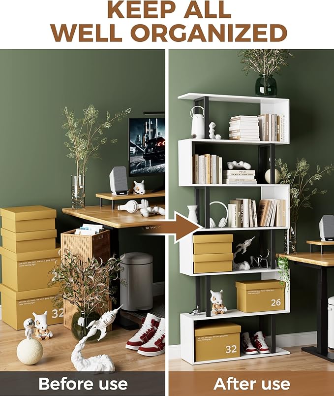 Gadroad 6 Tier Geometric Bookcase,S Shaped Bookshelf, Wood Decorative Storage Shelving, Modern Freestanding Display Shelves, Tall Book Shelf Unit for Living Room Bedroom, White - LeafyLoom