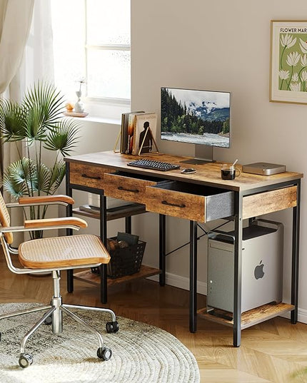 CubiCubi 47 Inch Computer Desk with 3 Drawers and Storage Shelves, Small Home Office Desk, Study Writing Table, Simple Desk for Bedroom, Rustic Brown - LeafyLoom