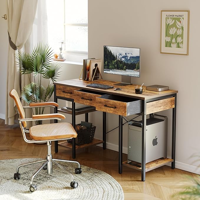 CubiCubi 47 Inch Computer Desk with 3 Drawers and Storage Shelves, Small Home Office Desk, Study Writing Table, Simple Desk for Bedroom, Rustic Brown - LeafyLoom