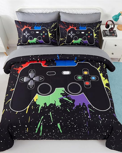 KAKKI 5 Piece Boys Queen Gamer Comforter Set with Sheets, 3D Colorful Video Game Controller Comforter for Kids Teen, All Season Soft Microfiber Gaming Bedding Set(Black,Queen) - LeafyLoom