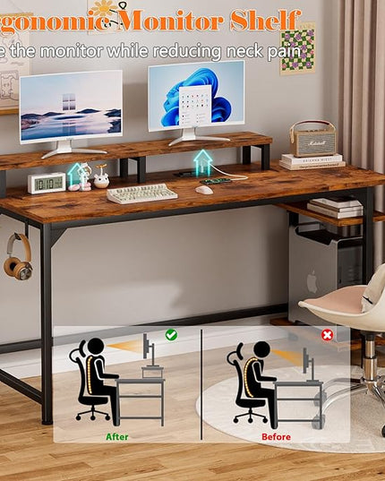 Furologee Computer Desk with Charging Station and LED Lights, 55" Office Gaming Desk with Adjustable Shelves and Fabric Drawer, Study Table with Monitor Stand and Hooks, Rustic Brown - LeafyLoom