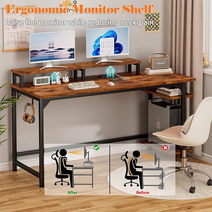 Furologee Computer Desk with Charging Station and LED Lights, 55" Office Gaming Desk with Adjustable Shelves and Fabric Drawer, Study Table with Monitor Stand and Hooks, Rustic Brown - LeafyLoom