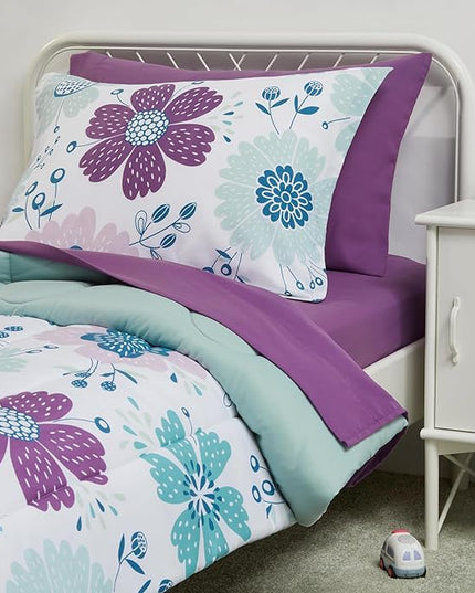 Amazon Basics 5 Piece Microfiber Kid's Bed-in-a-Bag Bedding Set, Toddler, Floral - LeafyLoom