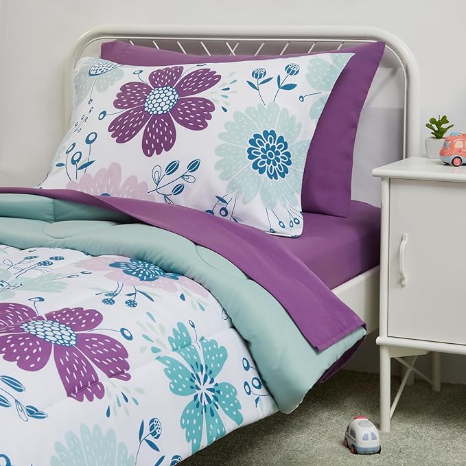Amazon Basics 5 Piece Microfiber Kid's Bed-in-a-Bag Bedding Set, Toddler, Floral - LeafyLoom