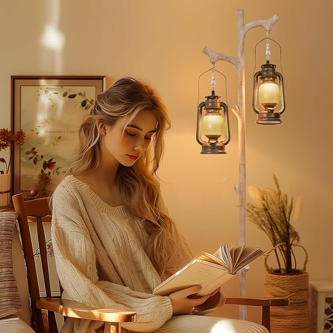 68" Vintage Dimmable Floor Lamp, Standing Lamp with Classical Lanterns, Rustic Tree Trunk LED Tall Corner Lamp with Wood Finish, Western Farmhouse Decor for Living Room Bedroom Office - LeafyLoom