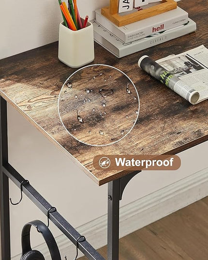 VECELO 44 Inch Computer Stable Writing Study Work 6 Hooks Adjustable Feet Wooden Desk for Home,Bedroom,Rusic Brown, 44Inches - LeafyLoom
