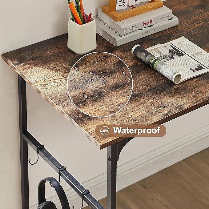VECELO 44 Inch Computer Stable Writing Study Work 6 Hooks Adjustable Feet Wooden Desk for Home,Bedroom,Rusic Brown, 44Inches - LeafyLoom