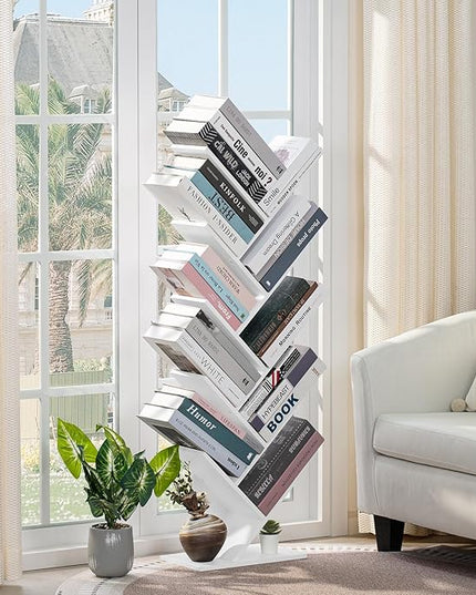 10 Tier Tree Book Shelf, Floor Standing Wood Bookshelf for Narrow Space, Storage Organizer Bookshelves for Books/CDs/Magazine, Bookcase with Shelves for Home Office, Living Room - White - LeafyLoom