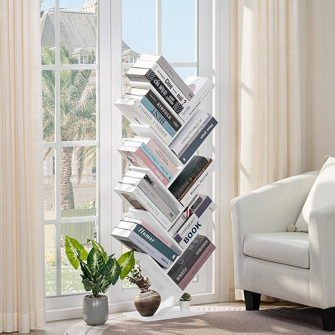 10 Tier Tree Book Shelf, Floor Standing Wood Bookshelf for Narrow Space, Storage Organizer Bookshelves for Books/CDs/Magazine, Bookcase with Shelves for Home Office, Living Room - White - LeafyLoom