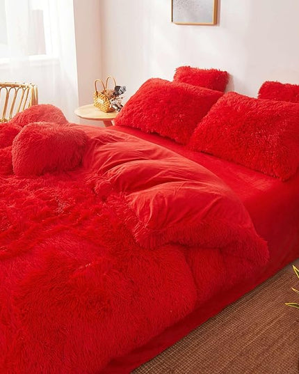 FOPPA Red fluffy Comforter Cover Set king- Ultra Soft fluffy Red Bedding Sets 3 Pieces (1 Duvet Cover + 2 Pillow case) pink fluffy bed set (Red, King) - LeafyLoom