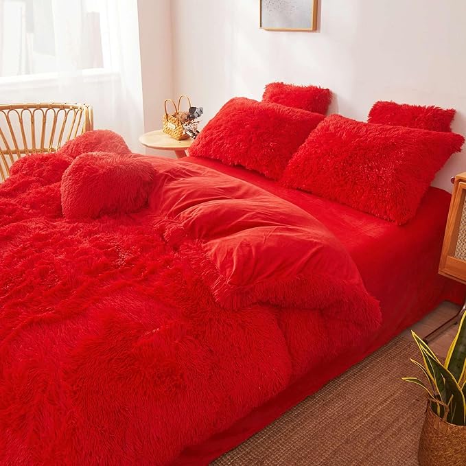 FOPPA Red fluffy Comforter Cover Set king- Ultra Soft fluffy Red Bedding Sets 3 Pieces (1 Duvet Cover + 2 Pillow case) pink fluffy bed set (Red, King) - LeafyLoom