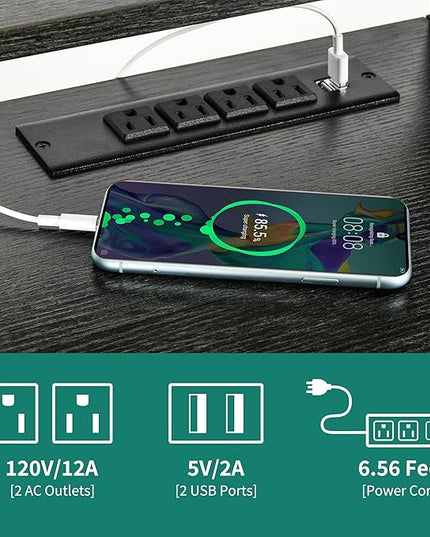 DWVO Computer Desk with Drawers & Hutch, 59.1" Office Desk with Power Outlets & LED Lights, Home Office Desk with Storage Shelves, Grey - LeafyLoom