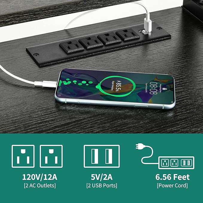 DWVO Computer Desk with Drawers & Hutch, 59.1" Office Desk with Power Outlets & LED Lights, Home Office Desk with Storage Shelves, Grey - LeafyLoom