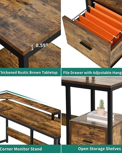 YITAHOME L Shaped Desk with Lift Top, 65" Adjustable Standing Desk with File Drawer, Corner Computer Desk with Storage Shelves,Home Office Desk, Rustic Brown - LeafyLoom