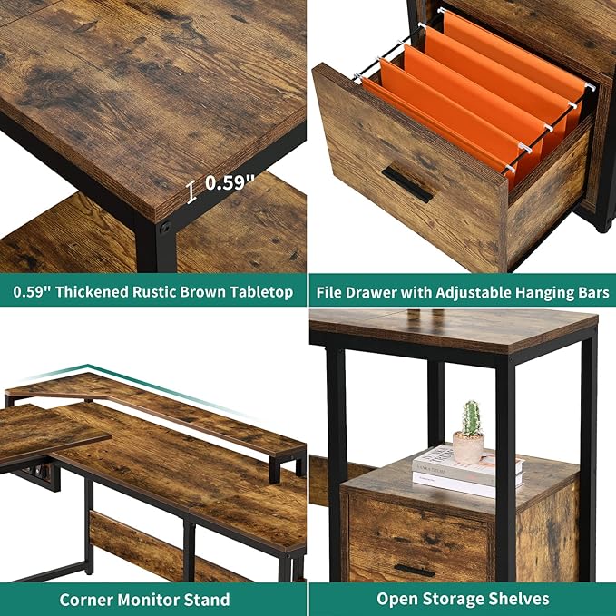 YITAHOME L Shaped Desk with Lift Top, 65" Adjustable Standing Desk with File Drawer, Corner Computer Desk with Storage Shelves,Home Office Desk, Rustic Brown - LeafyLoom