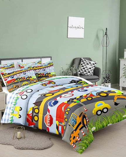 Tailor Shop Construction Vehicle Truck Comforter Set Queen Size，Cartoon Excavator Bedding Sets Comforter Cover for Boys Childs Kids Teens ，Tractor Mixer Room Decor with 1 Comforter 2 Pillowcases - LeafyLoom