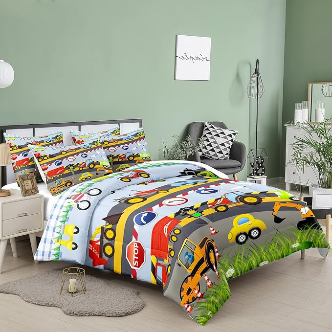 Tailor Shop Construction Vehicle Truck Comforter Set Full Size，Cartoon Excavator Bedding Sets Comforter Cover for Boys Childs Kids Teens ，Tractor Mixer Room Decor with 1 Comforter 2 Pillowcases - LeafyLoom