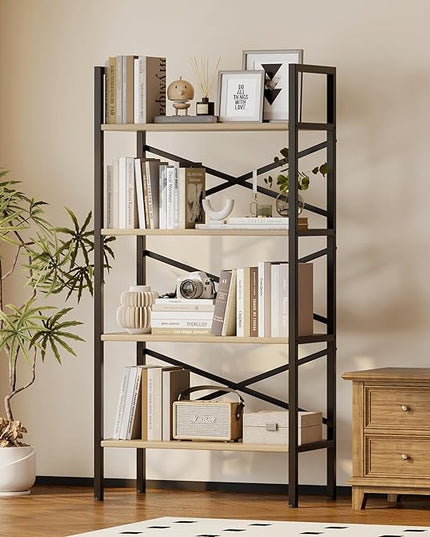 4 Tier Book shelf 23.6" W, Small Bookcase with Open Shelves, BookShelf with Storage, Standing Book Shelves Organizers and Storage for Living Room, Kitchen, Home, Office (Light Coffee) - LeafyLoom