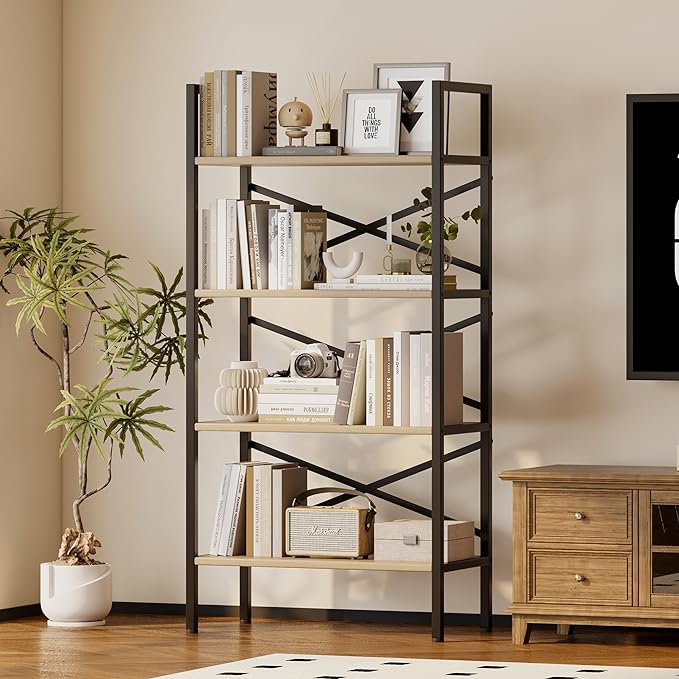 4 Tier Book shelf 23.6" W, Small Bookcase with Open Shelves, BookShelf with Storage, Standing Book Shelves Organizers and Storage for Living Room, Kitchen, Home, Office (Light Coffee) - LeafyLoom