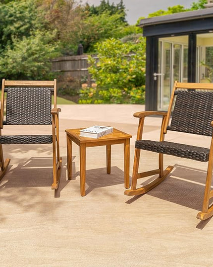 Solid Wood Chairs Set of 2 with End Table, Wicker Rocking Design - LeafyLoom
