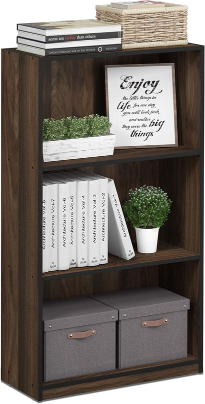 FURINNO Basic 3-Tier Bookcase Storage Shelves, Columbia Walnut - LeafyLoom