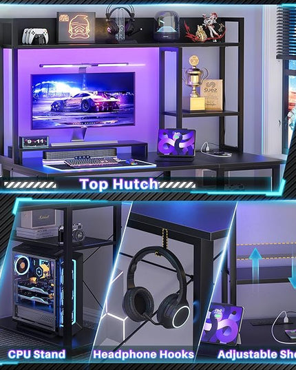 Cyclysio Gaming Desk with Hutch, 39'' Computer Desk with LED Lights & Power Outlets, Home Office Desk with Reversible 5 Tiers Storage Shelves & Monitor Stand, Small Gaming Table for Small Space, Black - LeafyLoom