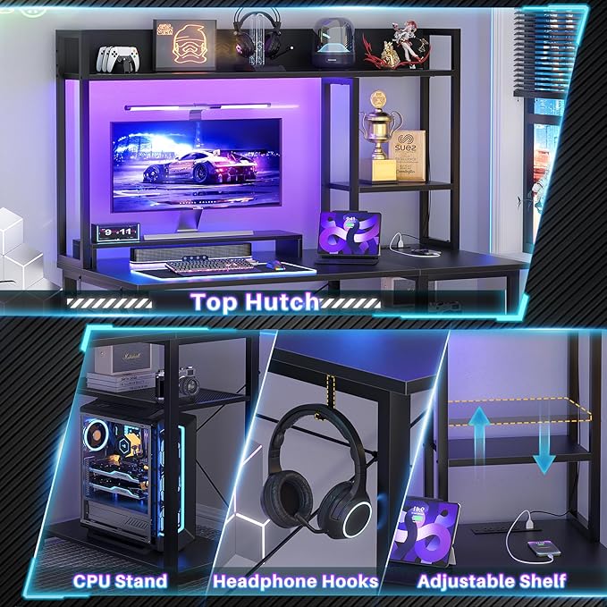Cyclysio Gaming Desk with Hutch, 39'' Computer Desk with LED Lights & Power Outlets, Home Office Desk with Reversible 5 Tiers Storage Shelves & Monitor Stand, Small Gaming Table for Small Space, Black - LeafyLoom