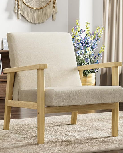 YESHOMY Mid-Century Modern Accent Chair with Solid Wood Frame and Thick Cushion for Living Room, Bedroom, Home Office, Set of 2, Beige - LeafyLoom